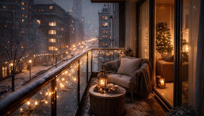Cozy balcony with warm lights on snowy city street at night