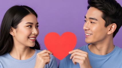 Couple holding red heart smiling at each other