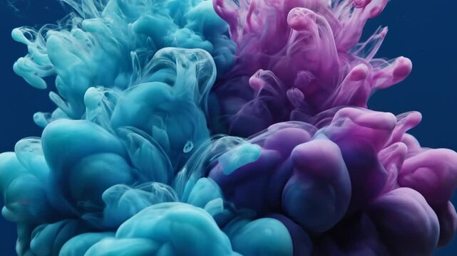 Vibrant turquoise and magenta ink slowly diffusing and blooming into complex abstract patterns underwater macro shot reaction, macro, close-up