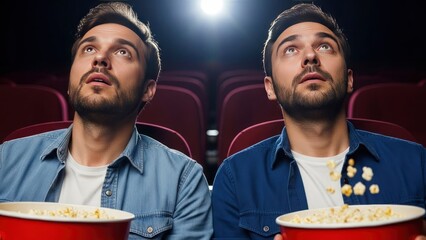 Men watch movie in cinema holding popcorn