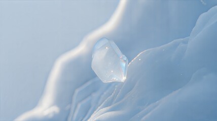 Glacial ice shard on snow with sunlight reflection