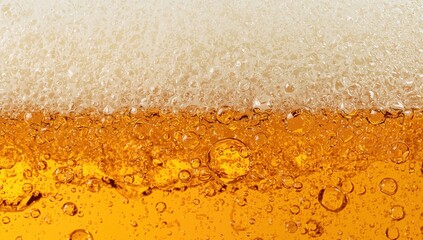 Golden beer surface with foam and bubbles showcasing freshness and drink appeal