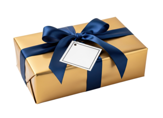 A wrapped gift with a blue ribbon and a white tag on a png transparent
