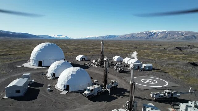 Remote scientific research outpost with geodesic domes and drilling equipment, Arctic landscape exploration camp, Harsh environment scientific expedition