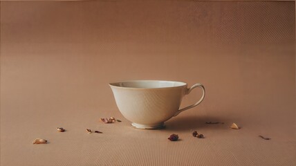 Empty tea cup on brown surface with scattered dried flowers
