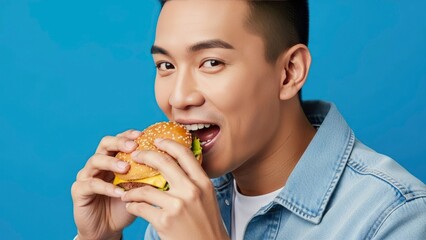 Asian man eating burger on blue background