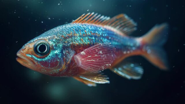 A school of tiny silver fish shifts direction at once in clear sunlit water.