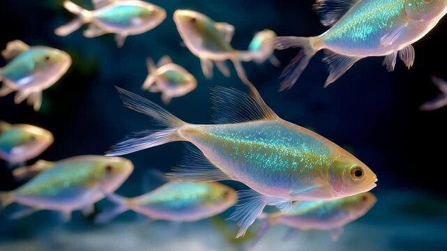 A school of tiny silver fish shifts direction at once in clear sunlit water.