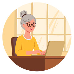 elderly person typing on laptop. Senior learning computer skills. Retired person working with technology. Elderly user browsing or studying online. Elderly set