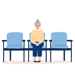 elderly person in waiting room. Seniors waiting for appointment indoors. Retired people sitting in reception area. Elderly group waiting calmly together. Elderly set