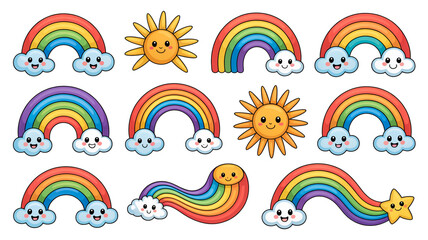 A collection of 11 cute cartoon rainbows arranged in a grid layout on a white background.