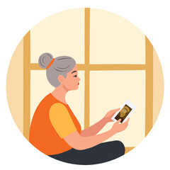 elderly woman holding old photo. Senior lady reminiscing about past. Retired woman looking at old memories. Elderly person cherishing nostalgic moment. Elderly set