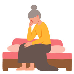 elderly person with lowered head. Senior sitting thoughtfully indoors. Retired person in calm and reflective mood. Elderly person relaxing in quiet moment. Elderly set