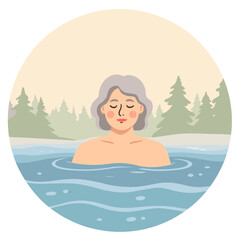 elderly woman swimming outdoors. Senior lady relaxing in natural water. Retired woman enjoying outdoor swimming. Mature swimmer spending time in nature. Elderly set