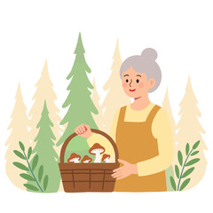 elderly woman with basket in forest. Senior lady walking through green woods. Retired woman enjoying outdoor forest walk. Elderly person exploring peaceful nature. Elderly set