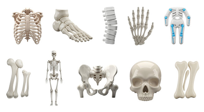 A collection of human skeleton parts and a full skeleton model on transparent background