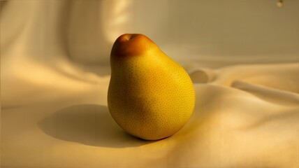 Vibrant yellow pear on elegant white fabric background