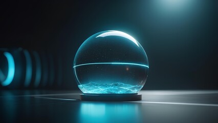 A glowing, translucent crystal sphere with swirling patterns of light and energy within, resting on a dark surface