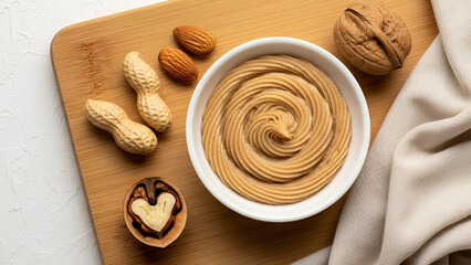 Creamy peanut butter in bowl with assorted nuts on wooden board overhead presentation