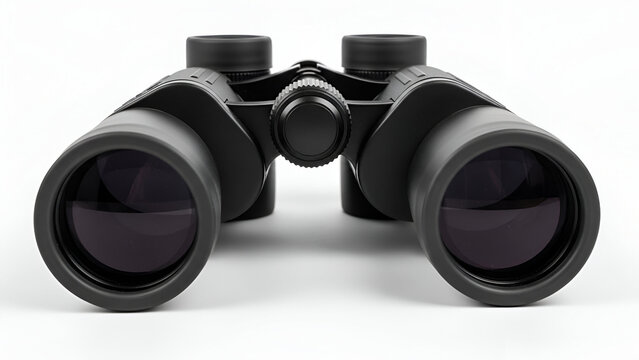 Black binoculars on a white background designed for bird watching and wildlife observation