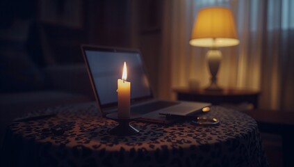 Cozy evening workspace with candlelight