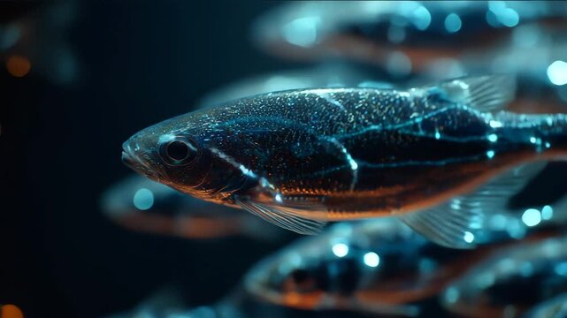 A school of tiny silver fish shifts direction at once in clear sunlit water.