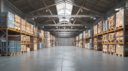 Workers organize pallets full of goods inside a spacious warehouse during daytime. Many shelves hold materials ready for distribution. The bright space helps visibility.