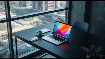 Modern office setup with laptop and coffee