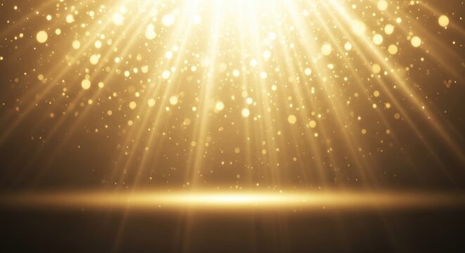 Golden light beams and particles against a dark background. - Powered by Adobe