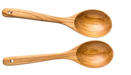 Two wooden cooking spoons, detailed wood grain, positioned one above the other on black