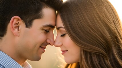 Naklejka premium Tender Moment: Young Romantic Couple Shares Intimate Connection, Foreheads Touching at Sunset, Emitting Warmth and Affection with Dramatic Golden Hour Light