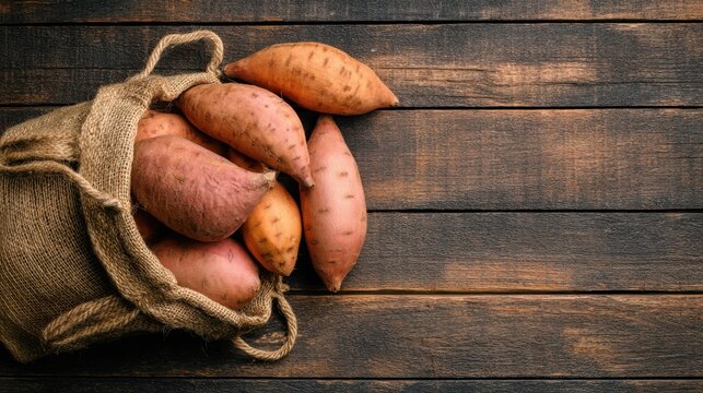 A burlap sack filled with fresh sweet potatoes is displayed on a rustic wooden surface. The contrast between the textured sack and the smooth wooden background highlights the natural appeal of the sce