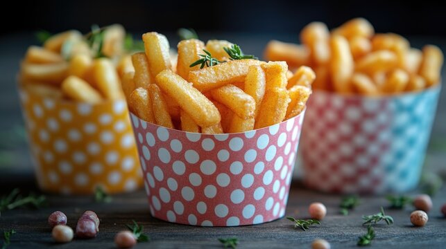 Golden french fries in eco-friendly paper cups on checkered cloth isolated on light background.