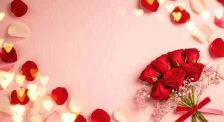 A bouquet of red roses with pink and white petals on a pink background with heart-shaped lights.