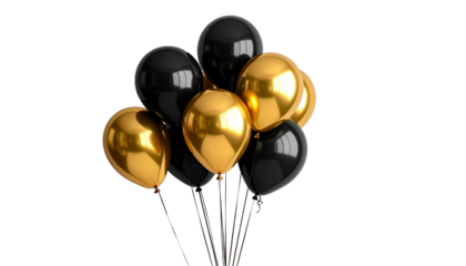 A group of glossy black and gold balloons tied together with dark strings