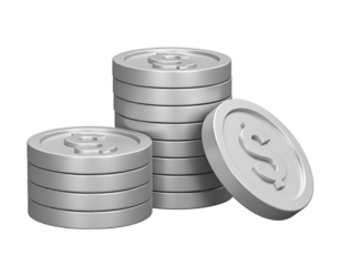 PNG Shiny 3D Stacks of Metallic Coins – Currency and Investment Symbols on transparent background