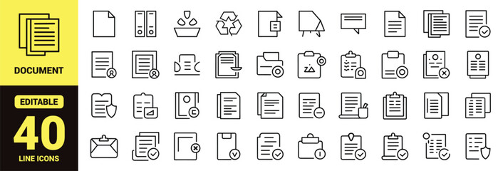 Set of Minimalist Document and Data Management Line Icons Featuring File Folders, Cloud Storage, Security Shields, Paperwork, and Business Symbols