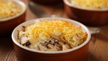 Homemade baked chicken and mushroom julienne with melted cheese served on a kitchen table. Home cooking lifestyle concept for food, recipe, and family meal category.
