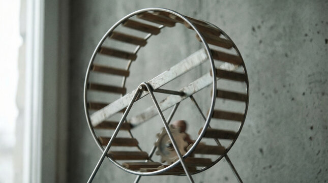 antecedence. Hamster wheel in endless rotation on a plain grey background. wildlife magazines, conservation campaigns, designed for nature documentaries and education, used by health educators.