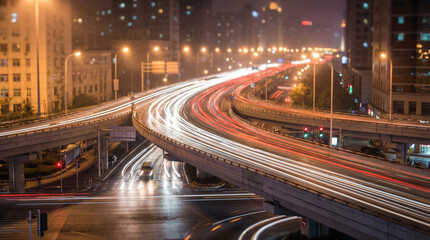 longexposure. Urban highway interchange at night with glowing lights and long exposure effect, cinematic dark blue and amber tones. mobility guides.