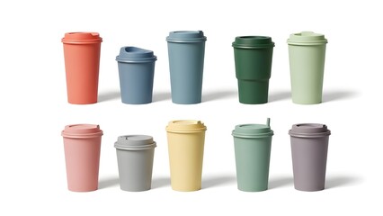 Collection of diverse pastel and earthy toned reusable coffee cups with lids, promoting sustainable living