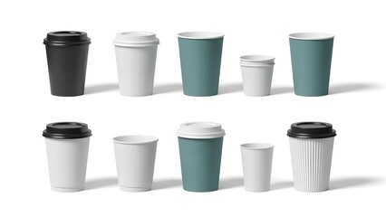 An assortment of diverse disposable beverage cups for coffee and tea in various designs