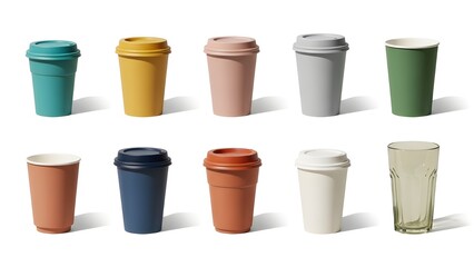 A diverse collection of colorful reusable coffee cups, disposable paper cups, and a clear glass tumbler
