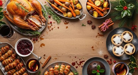 A festive Christmas table with roasted turkey, roasted vegetables, mince pies, cranberry sauce, and other holiday treats.
