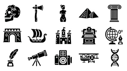 A collection of historical and scientific icons representing different eras and discoveries, including a skull, axe, pyramid, castle, and DNA. © Melin