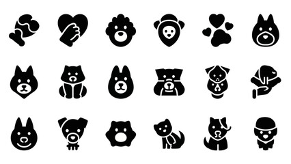 Collection of stylized icons representing various dog breeds and animal-related themes, including paws, hearts, and hands. © Melin