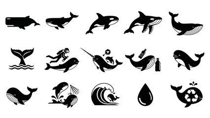 A collection of black and white vector icons depicting various whale species, marine life, and environmental conservation themes. © Melin