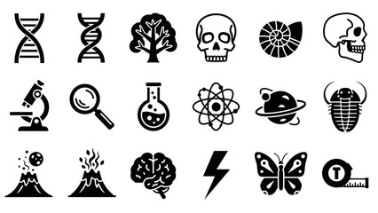 A collection of science and nature-themed icons, including DNA, microscopes, planets, and fossils. © Melin