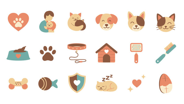 A collection of charming and colorful flat icons representing various aspects of pet care, including animals, accessories, and symbols of love and health.
