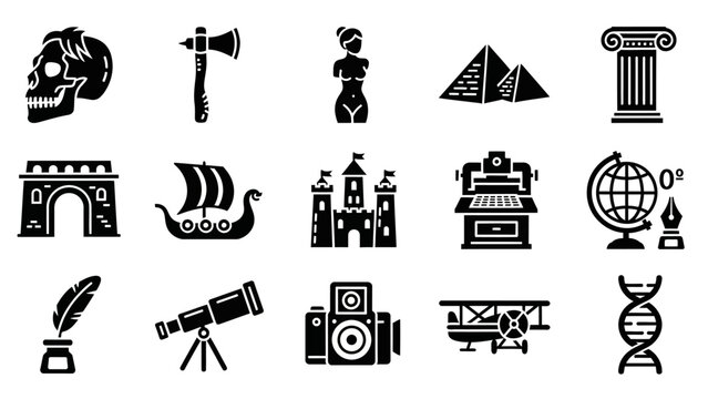 A collection of historical and scientific icons representing different eras and discoveries, including a skull, axe, pyramid, castle, and DNA.